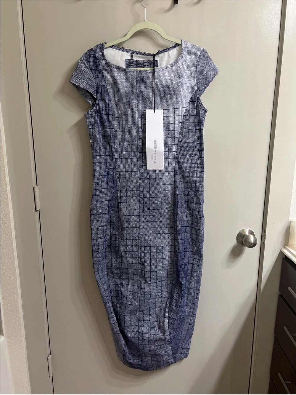 Rundholz Cap-Sleeve Midi Dress in Blue Grid Sz S (item A56)